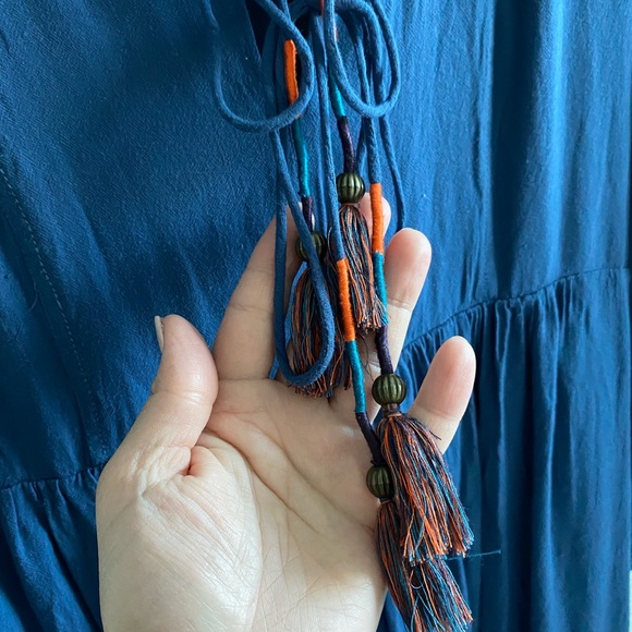 Anthropologie | Holding Horses Blue Boho Ombré Peasant Dress with Tassel Ties - Picture 4 of 4